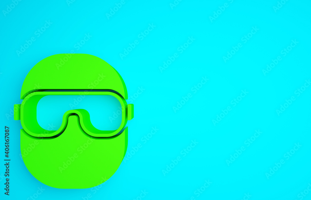 蓝色背景上隔离的绿色滑雪护目镜图标。极限运动。运动装备。极简主义设计