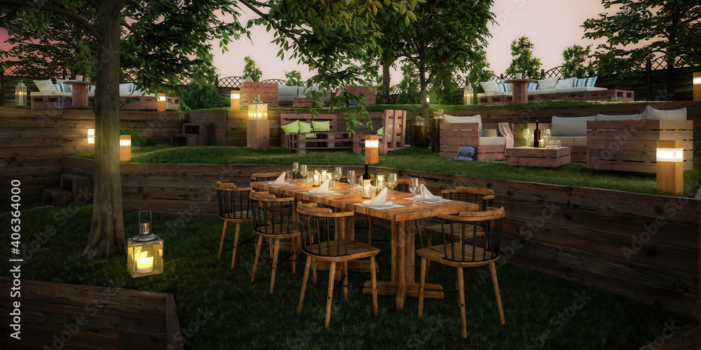 酒吧和餐厅的花园区域-全景三维可视化