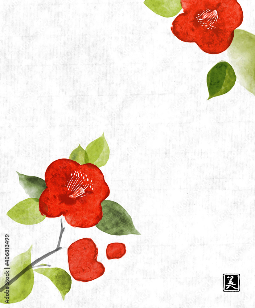 复古宣纸背景上的红色茶花。传统的日本水墨画sumi-e。