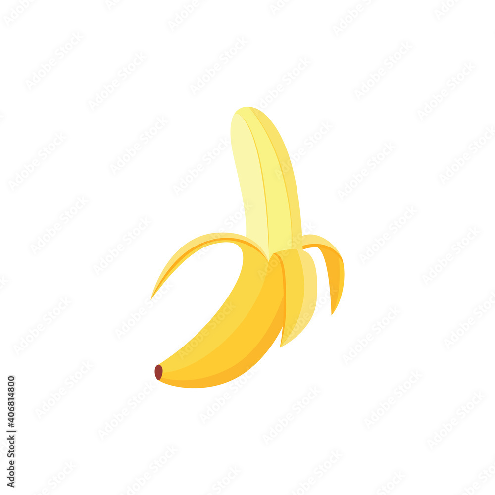 半剥熟香蕉平面矢量插图的卡通图标。