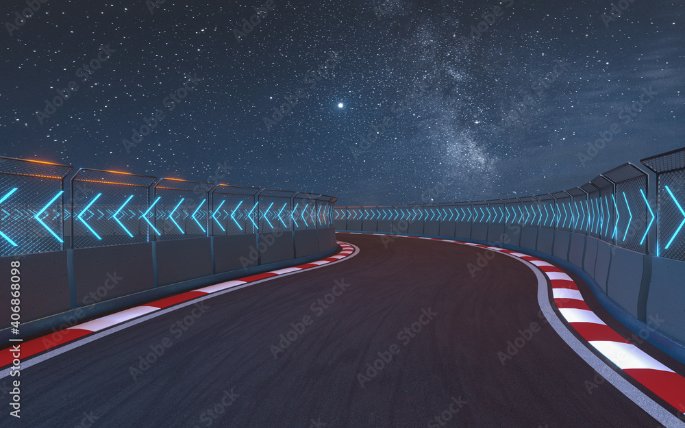 无限空旷的沥青国际赛道视图，3d渲染。