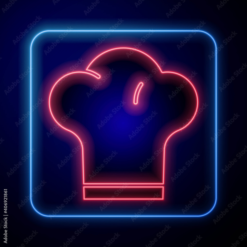 蓝色背景上的发光霓虹厨师帽图标。烹饪符号。厨师帽。矢量。