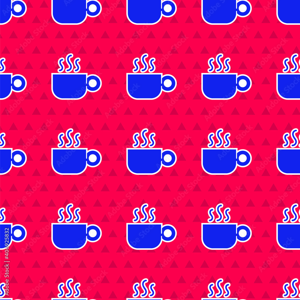 蓝色咖啡杯图标在红色背景上隔离无缝图案。茶杯。热饮咖啡。矢量。