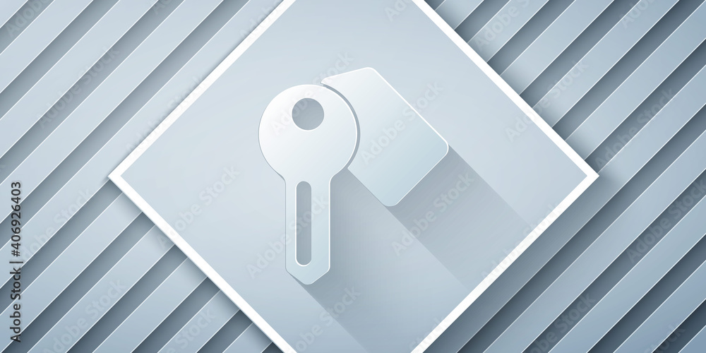 Paper cut Hotel door lock key icon isolated on grey background. Paper art style. Vector.