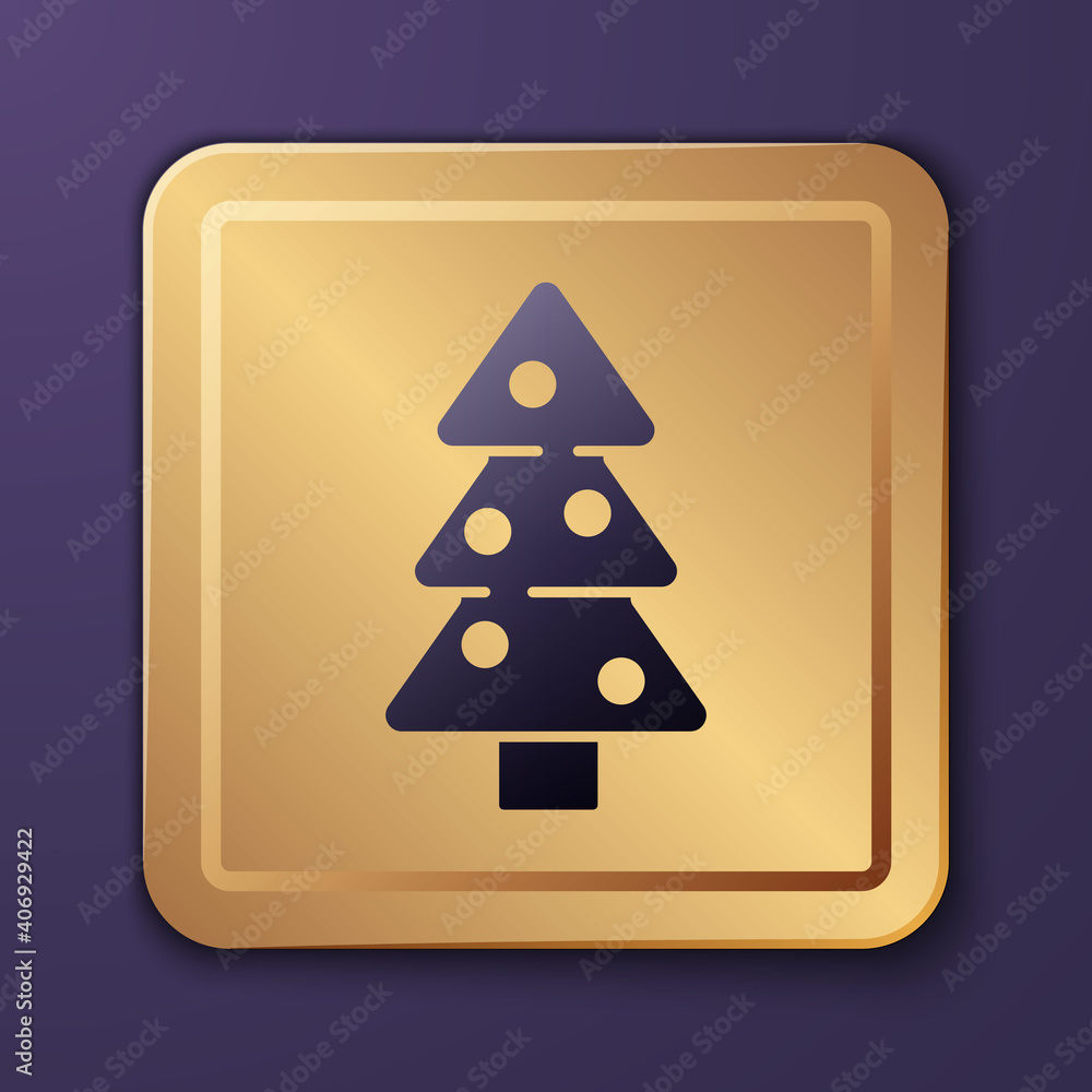 Purple Christmas tree with decorations icon isolated on purple background. Merry Christmas and Happy