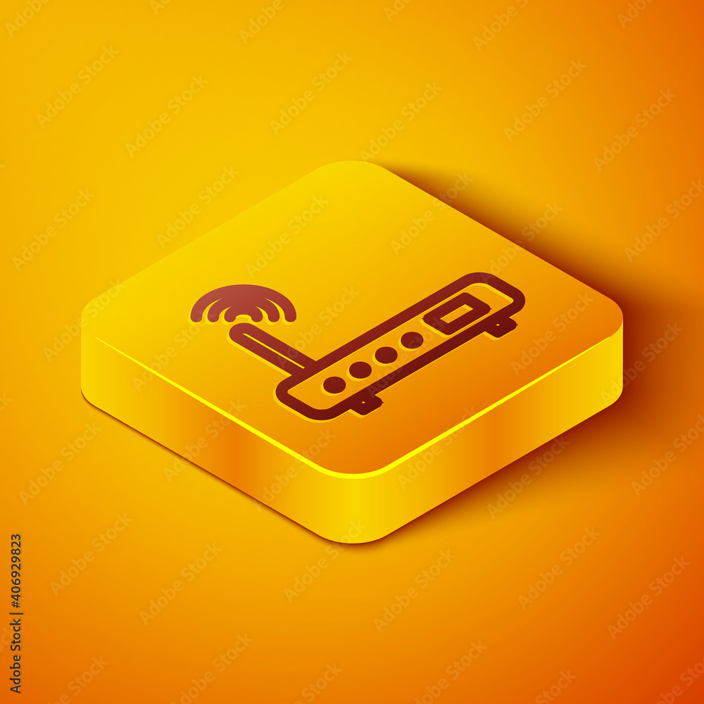 橙色背景上隔离的等距线路路由器和wi-fi信号图标。无线以太网调制解调器r