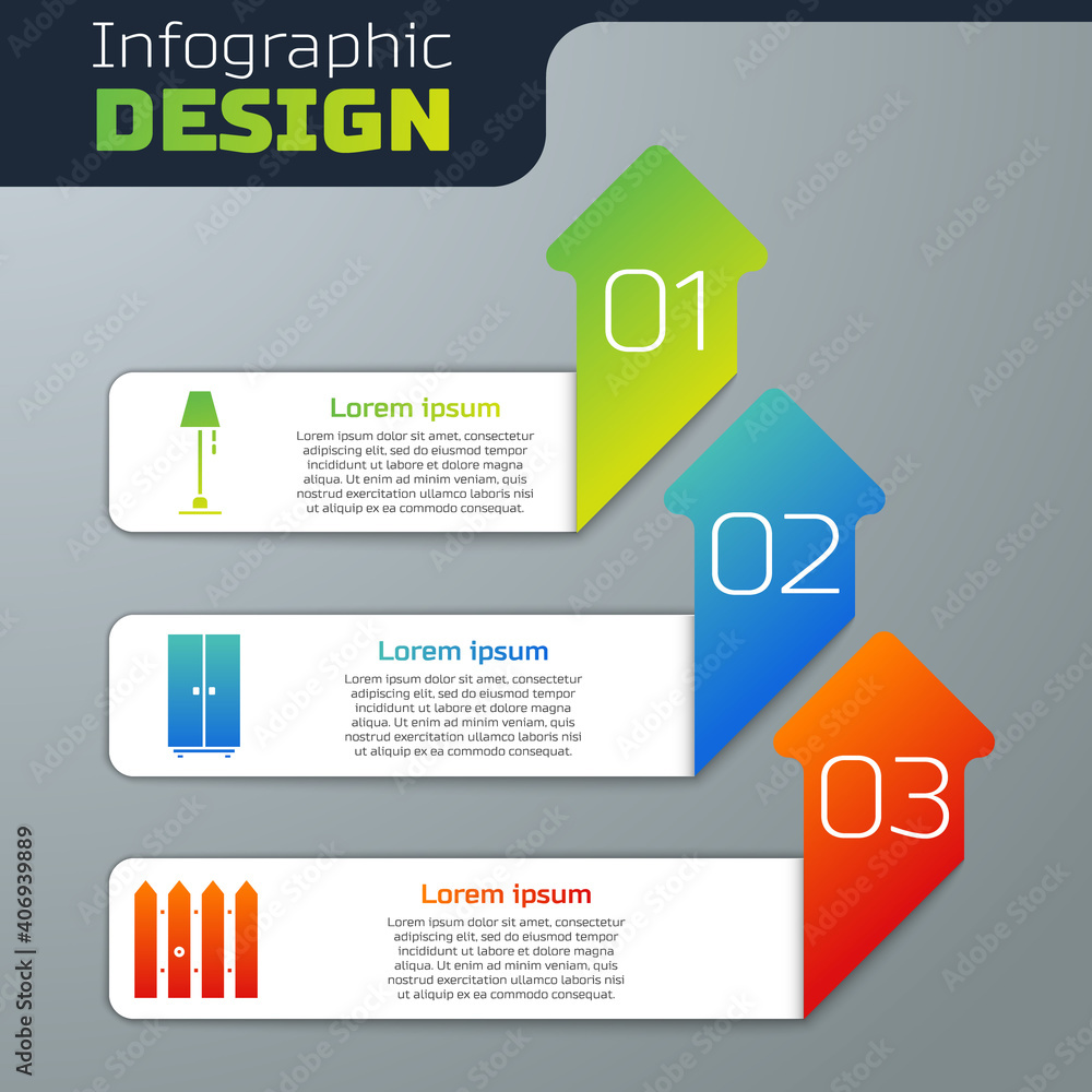 Set Floor lamp, Wardrobe and Garden fence wooden. Business infographic template. Vector.