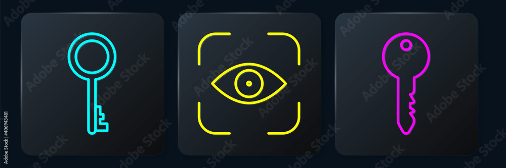Set line Old key, Key and Eye scan. Black square button. Vector.