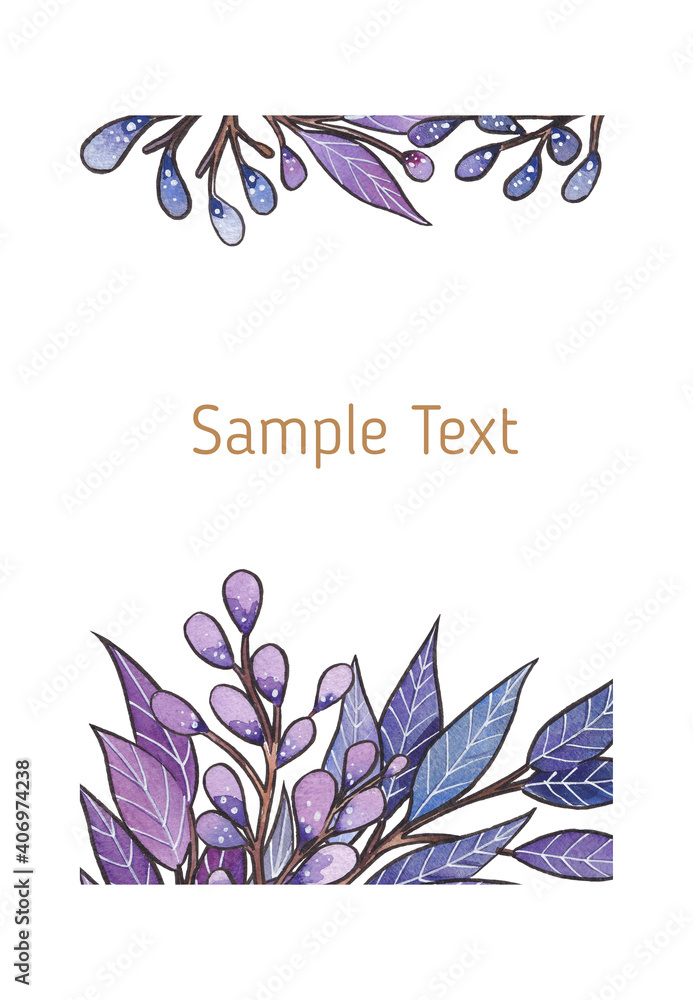 由蓝色、绿松石色、淡紫色和紫色的树枝、树叶和布组成的手绘水彩框架