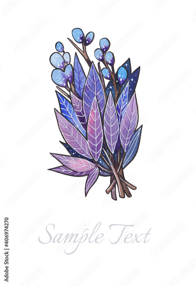 树叶、树枝和花朵卡片的水彩画。蓝色、绿松石色、淡紫色和紫色