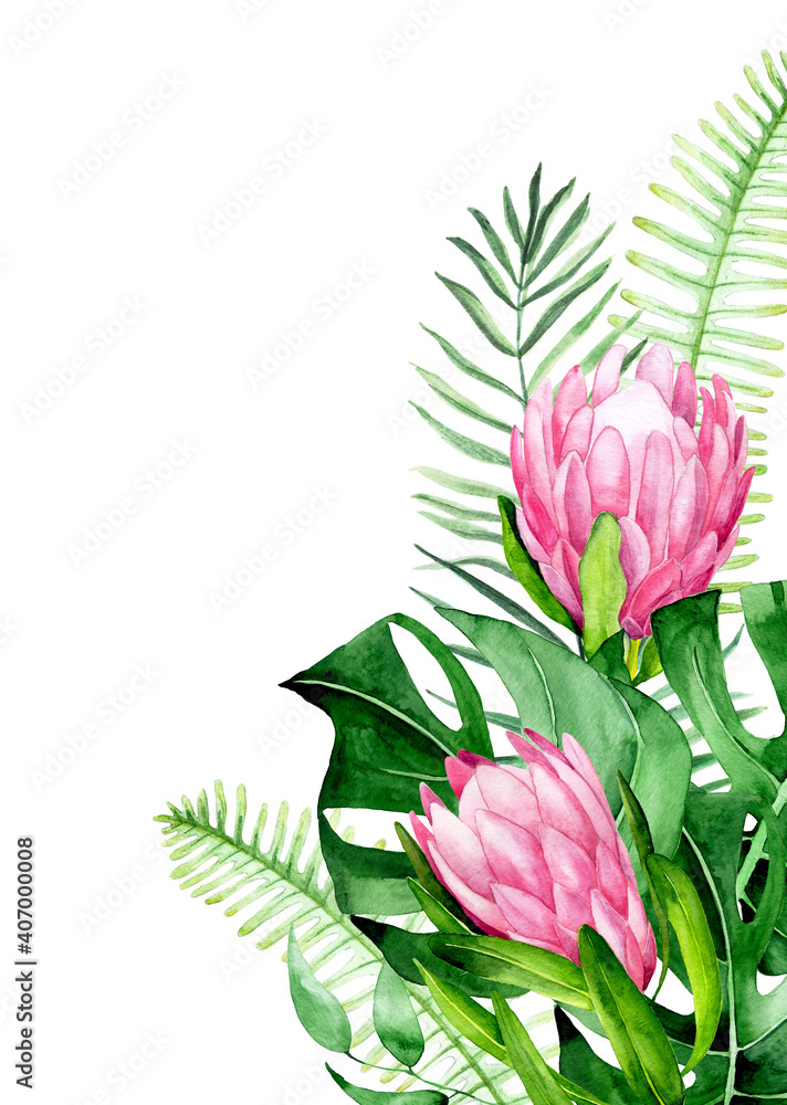 水彩画框，一束绿色热带树叶和粉色变形花。棕榈叶，梦蝶，p