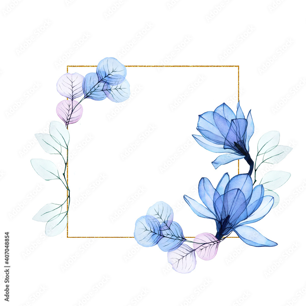 方形金色框架，带透明木兰花和桉树叶。复古框架，带蓝色f