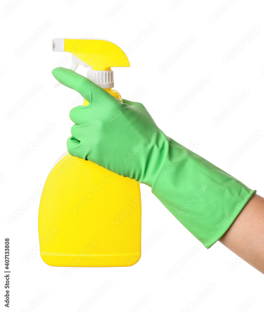 Hand in rubber glove with detergent on white background