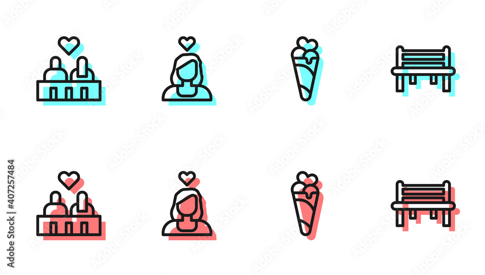 华夫饼冰淇淋，情侣爱情，浪漫长椅图标。矢量。
