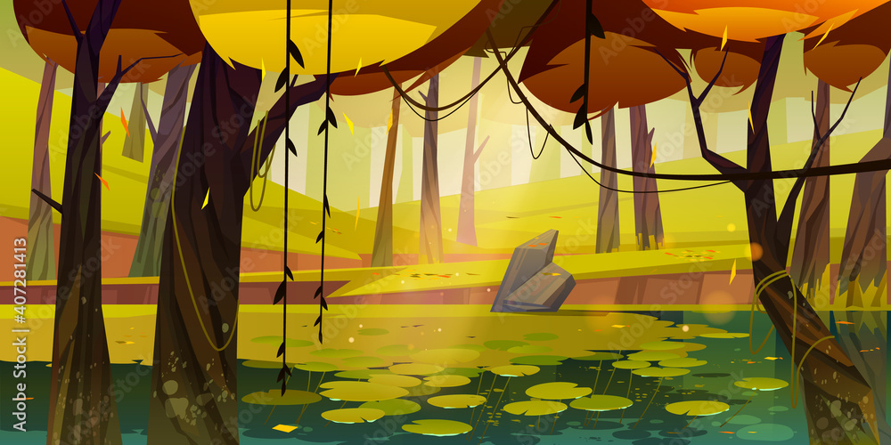 森林中沼泽的秋天景观。睡莲、树木池塘的矢量卡通插图