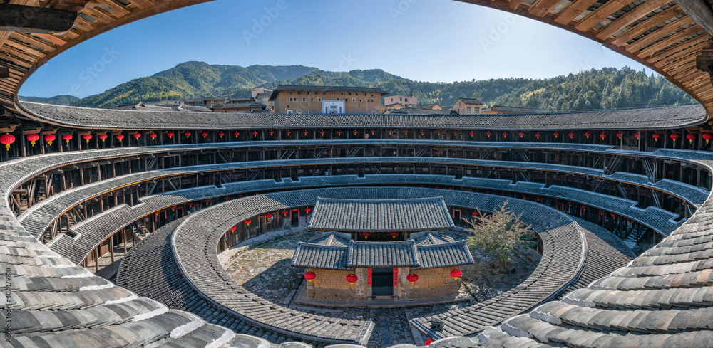 中国福建传统中国建筑土楼内部视图
