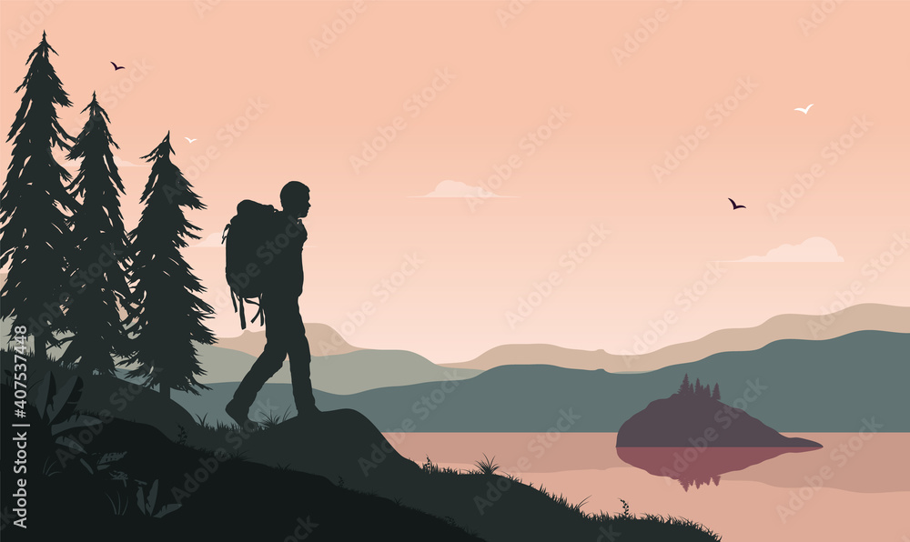 自然福祉-男性背着双肩包在湖泊、森林和背景的风景中行走