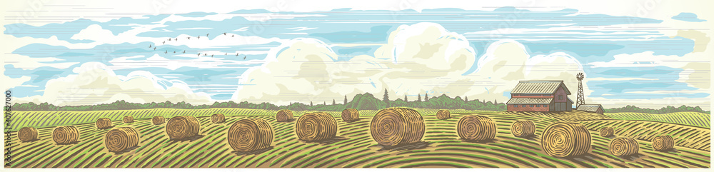 全景式的秋季乡村景观，前景是农场和成捆的干草