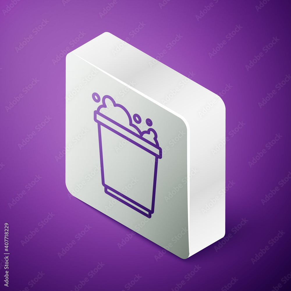 等距线桶，紫色背景上隔离有泡沫和气泡图标。清洁服务图标