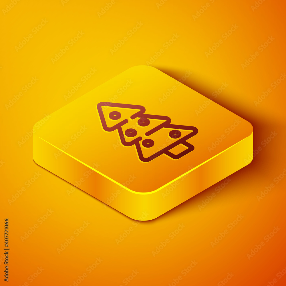 Isometric line Christmas tree with decorations icon isolated on orange background. Merry Christmas a