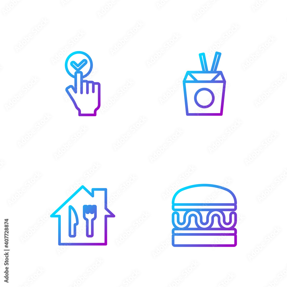 套餐汉堡，在线订购和配送，以及亚洲面条筷子。渐变色图标.V