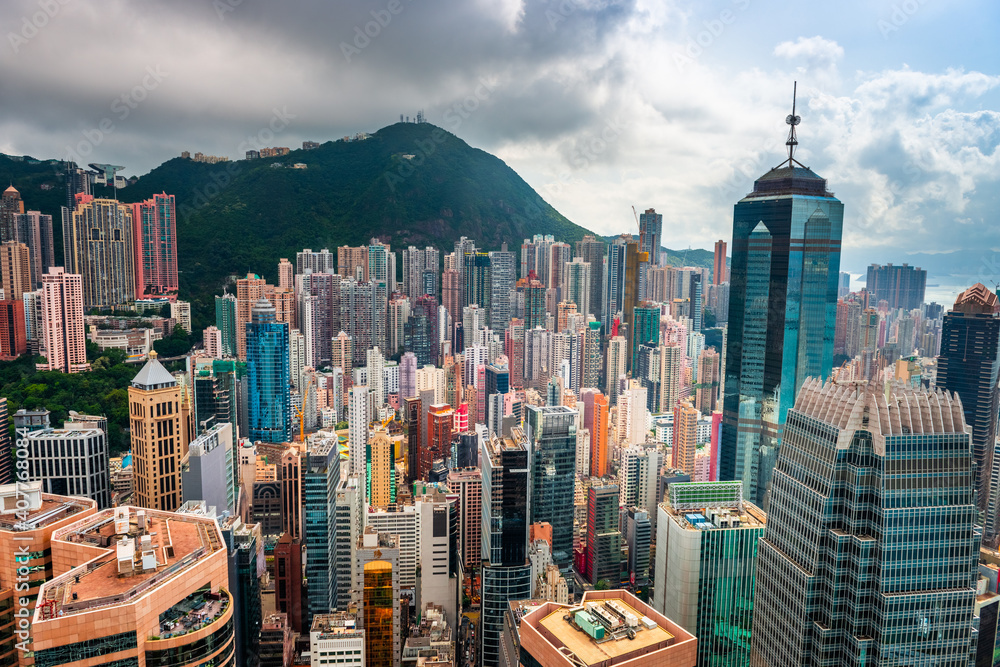 中国香港维多利亚峰城市景观鸟瞰图