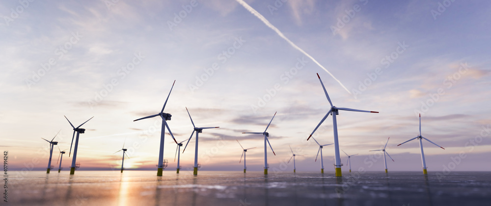海上风力发电和能源农场，海上有许多风力涡轮机
