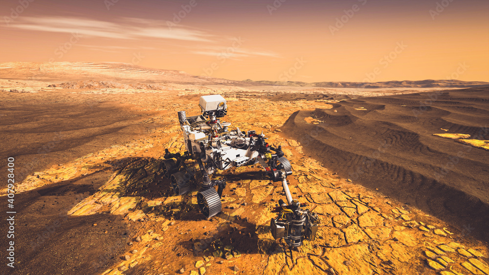 火星探测任务中的无人火星车穿过地球地面。3D插图。El