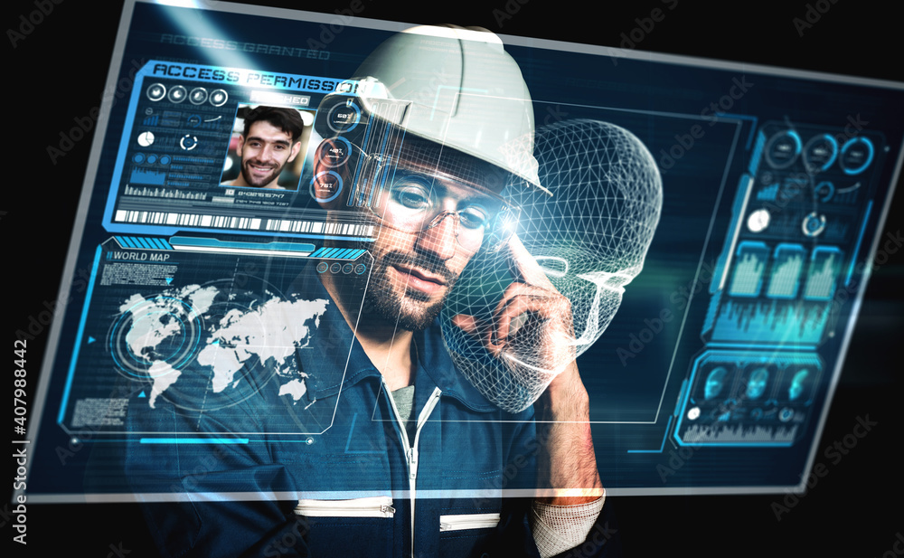 面部识别技术用于行业工人访问机器控制。未来概念交互