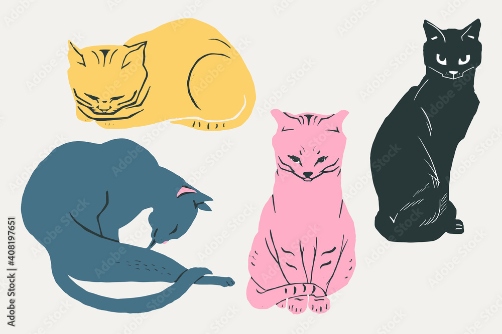 复古猫动物矢量手绘插图集