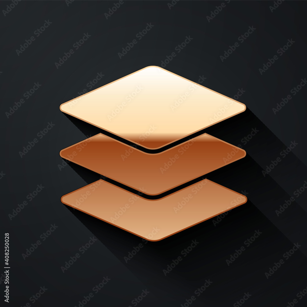Gold Layers icon isolated on black background. Long shadow style. Vector.