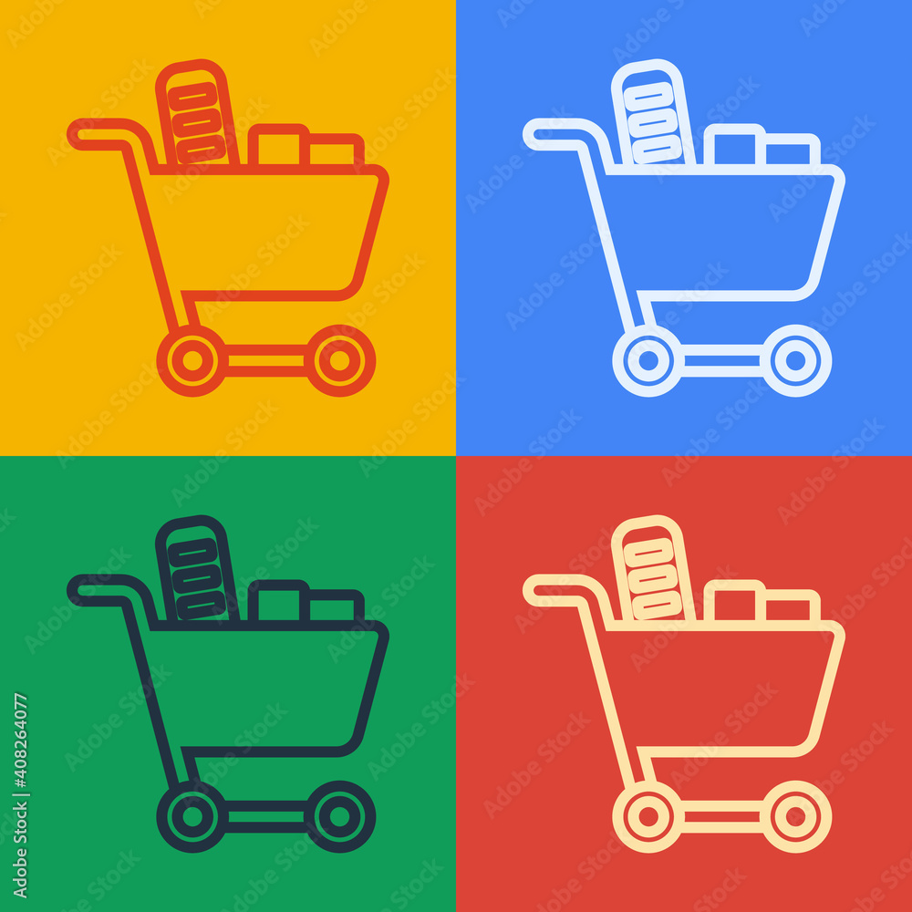 流行艺术系列购物车和食品图标，以彩色背景隔离。食品商店、超市。Vect