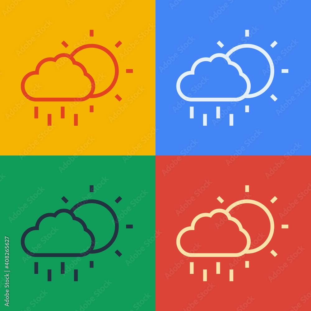 流行艺术线云与雨和太阳图标隔离在彩色背景上。雨云降水智慧