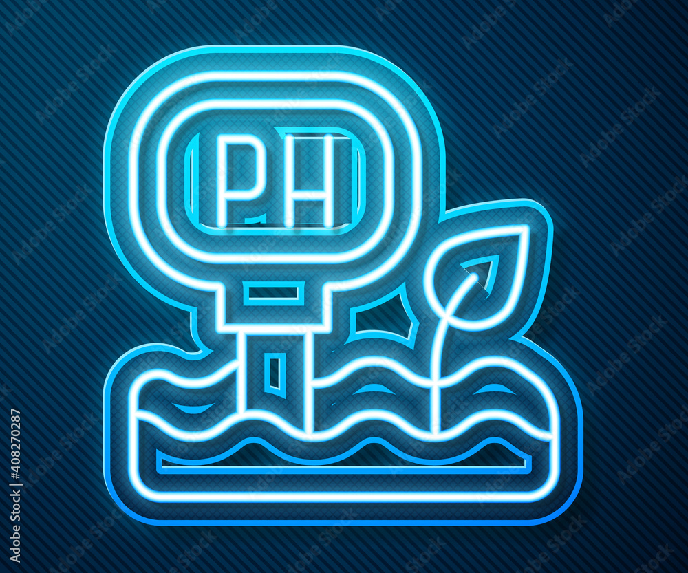 Glowing neon line Soil ph testing icon isolated on blue background. PH earth test. Vector.