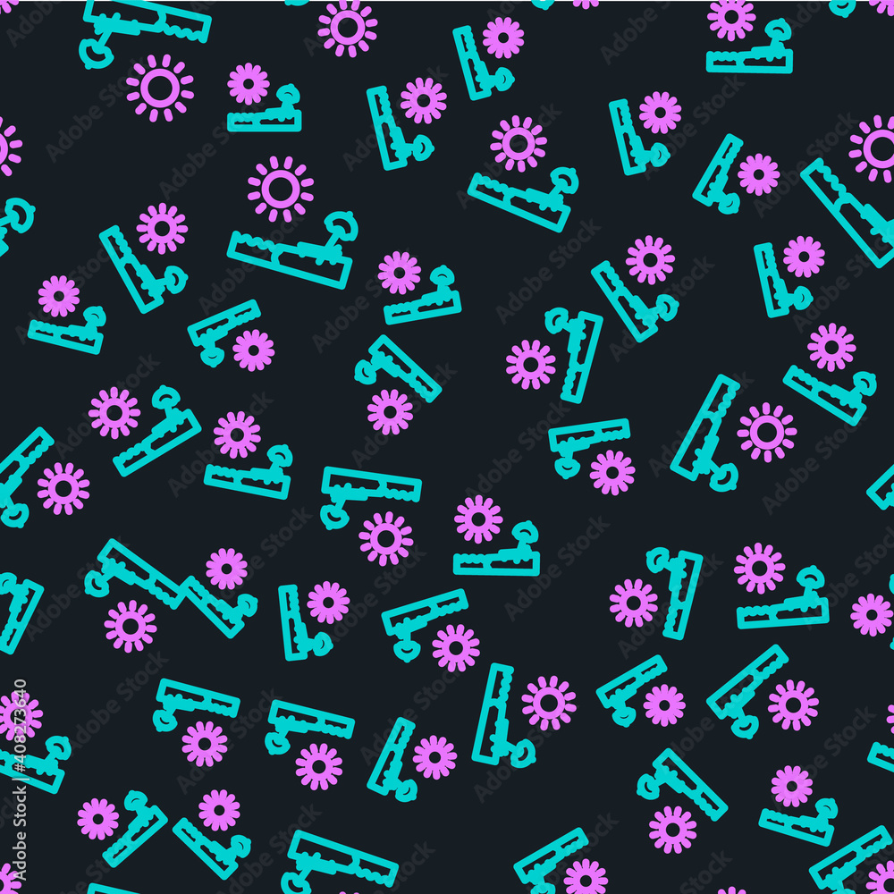 Line Beach with umbrella and chair icon isolated seamless pattern on black background. Tropical beac