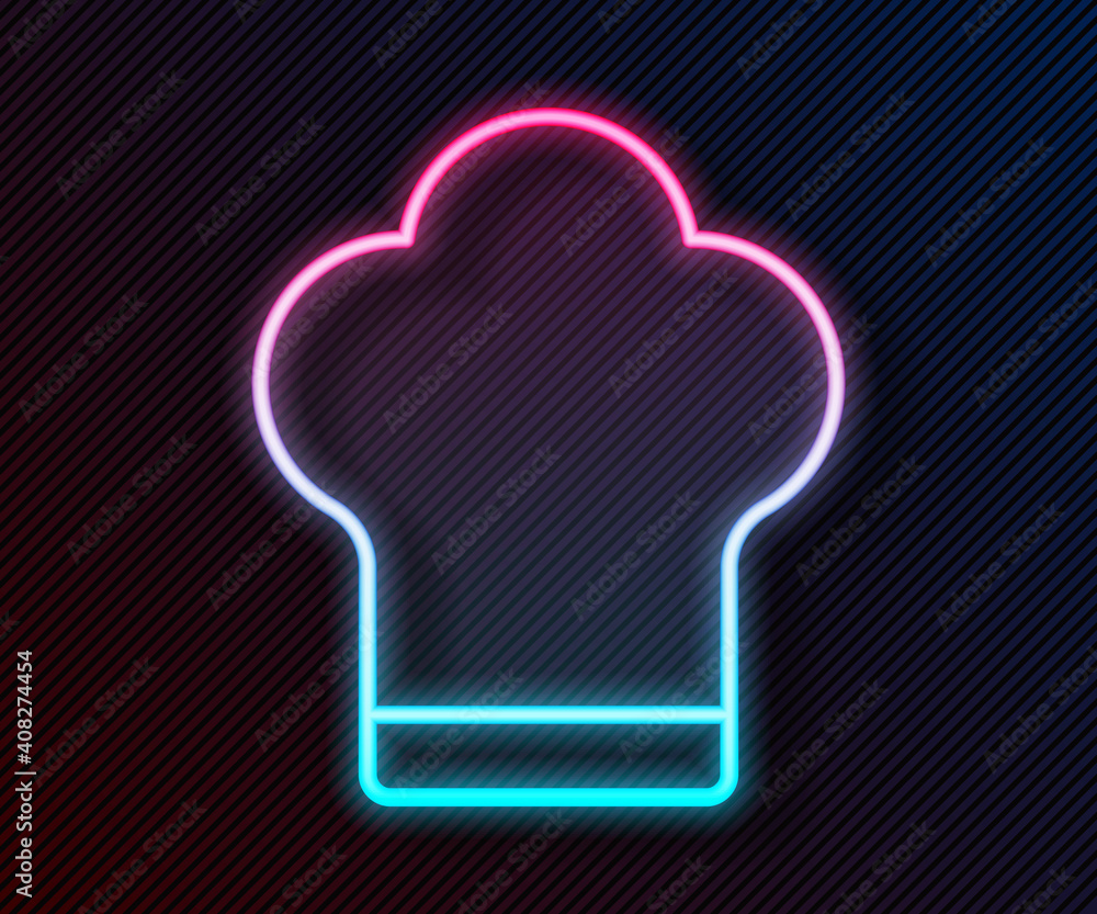 闪耀的霓虹线厨师帽图标孤立在黑色背景上。烹饪符号。厨师帽。矢量照明