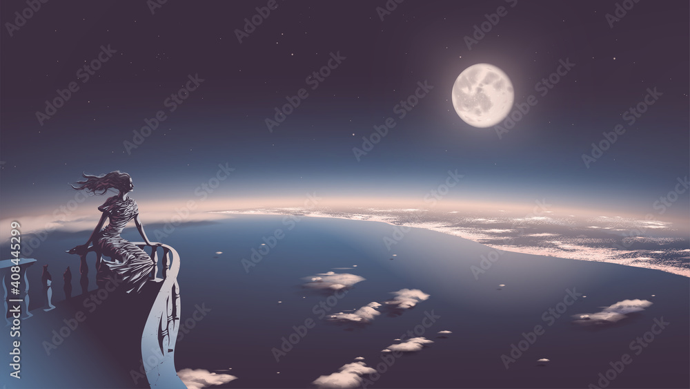 vector illustration of the ancient goddess relaxing on the balcony and she is looking down from heav