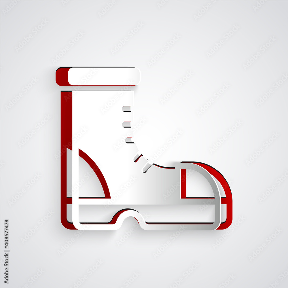 Paper cut Hunter boots icon isolated on grey background. Paper art style. Vector.