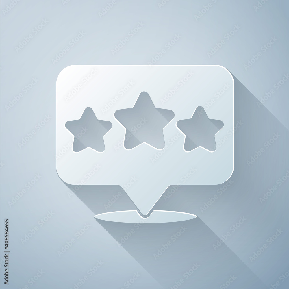 Paper cut Five stars customer product rating review icon isolated on grey background. Favorite, best