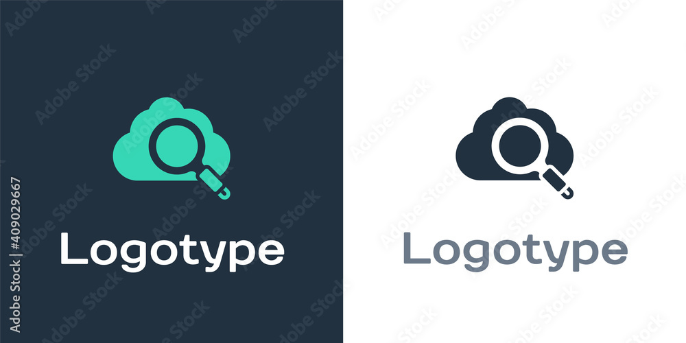 Logotype搜索云计算图标隔离在白色背景上。放大玻璃和云。Logo
