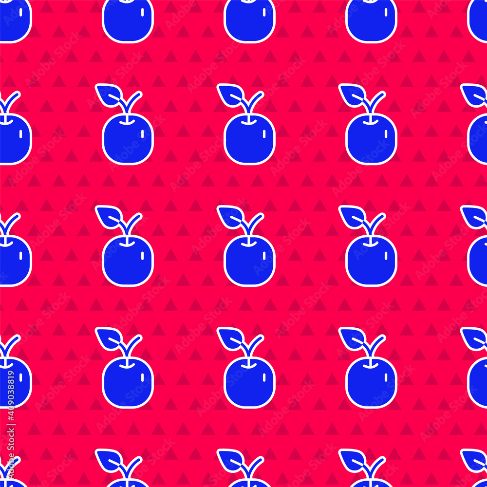 Blue Apple icon isolated seamless pattern on red background. Fruit with leaf symbol. Vector.