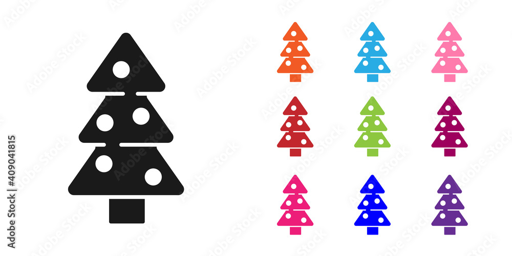 Black Christmas tree with decorations icon isolated on white background. Merry Christmas and Happy N