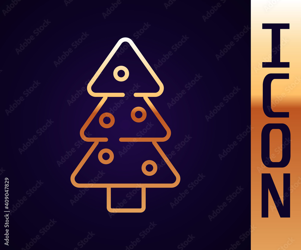 金色圣诞树，黑色背景上有装饰图标。圣诞快乐，Hap