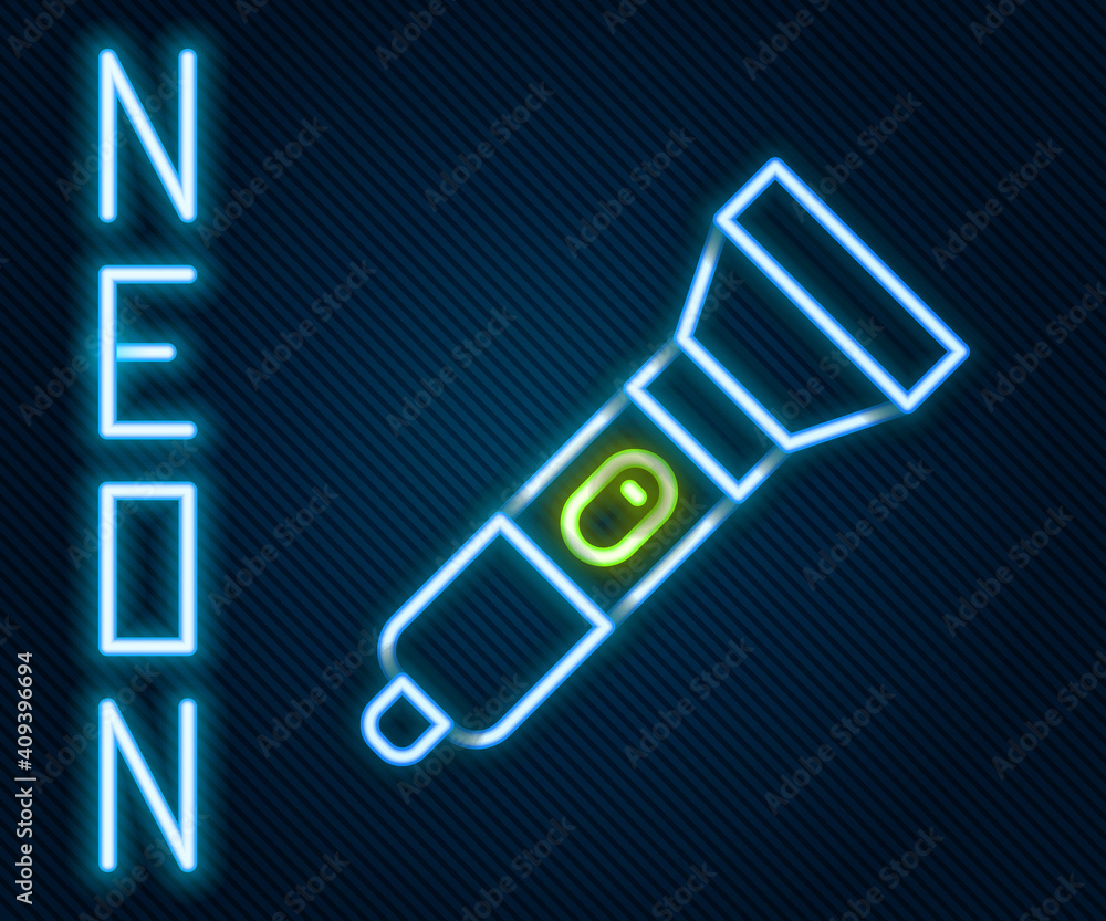 Glowing neon line Flashlight icon isolated on black background. Colorful outline concept. Vector.