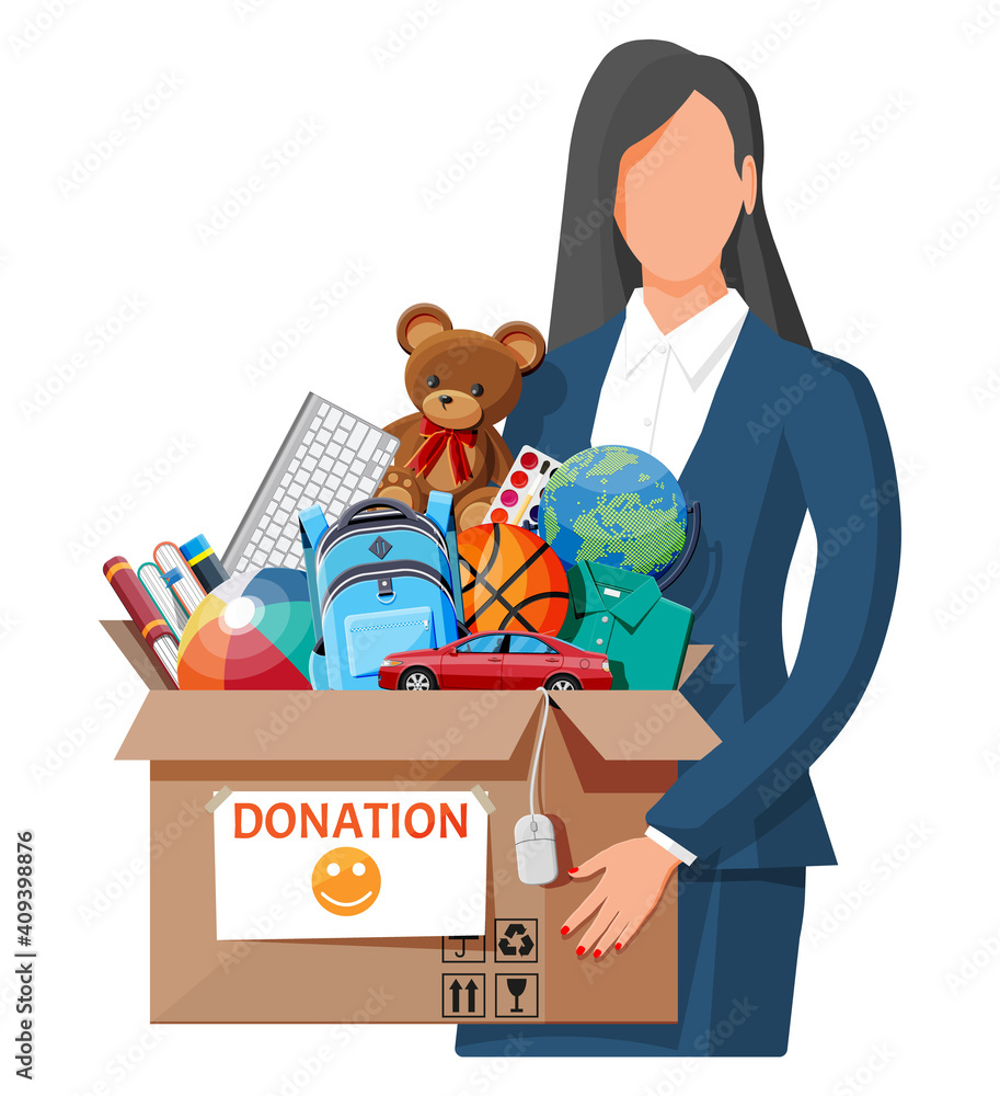 妇女，纸板捐赠盒玩具，书籍，衣服和设备。帮助儿童，支持穷人