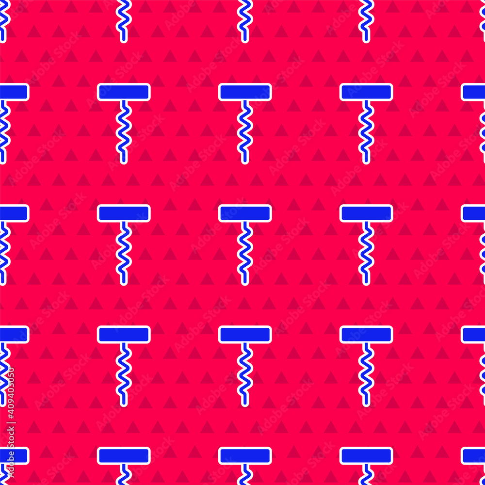 Blue Wine corkscrew icon isolated seamless pattern on red background. Vector.