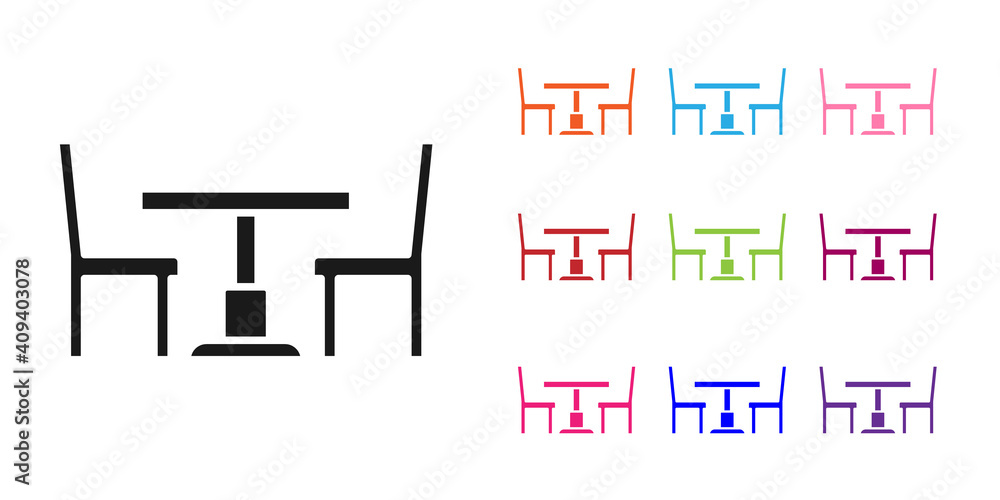Black Wooden table with chair icon isolated on white background. Set icons colorful. Vector.