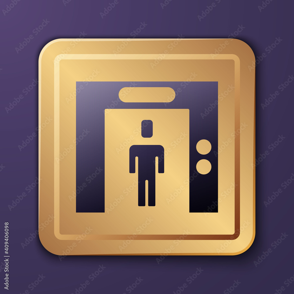 紫色电梯图标隔离在紫色背景上。电梯符号。金色方形按钮。矢量。