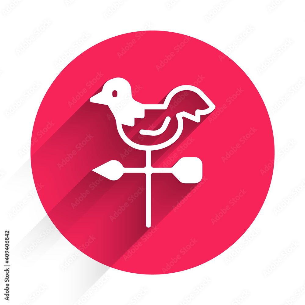 白色公鸡风向标图标与长阴影隔离。Weathercock标志。风向标公鸡。红色c