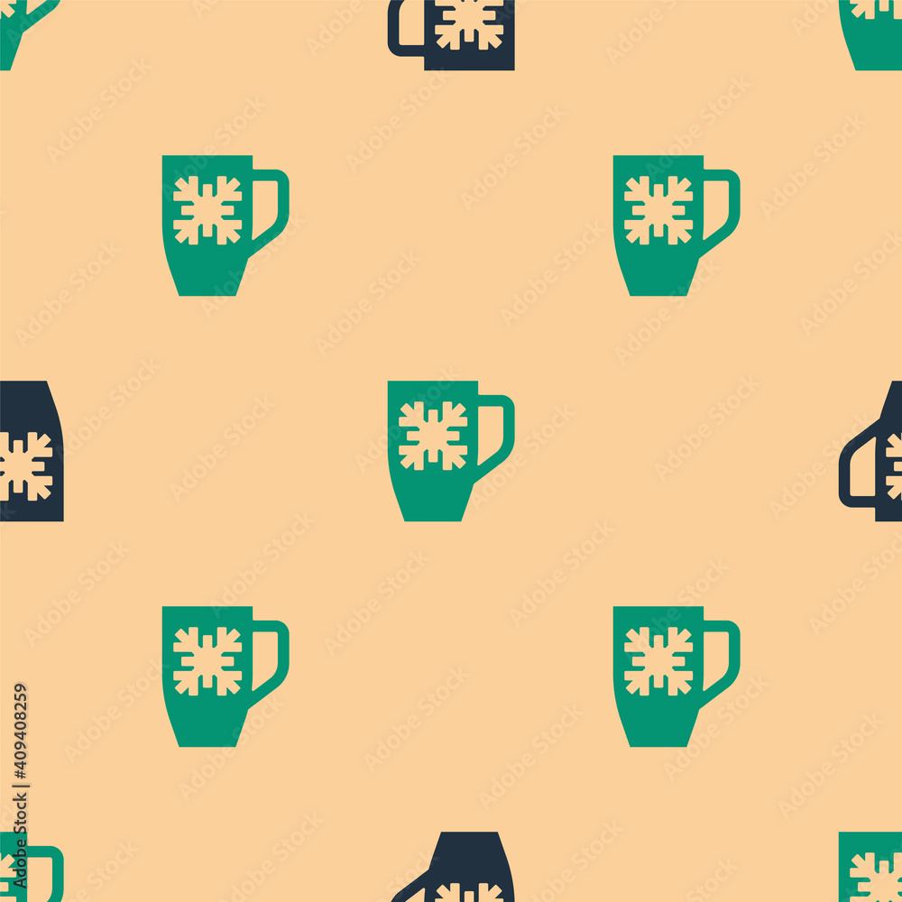 Green and black Coffee cup with snowflake icon isolated seamless pattern on beige background. Tea cu